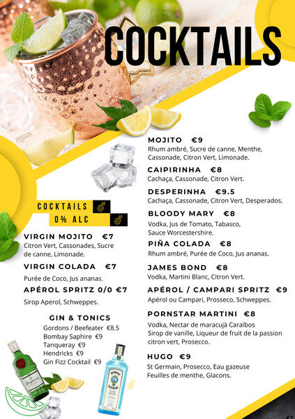 Cocktails cocktail menu: fun bright colours