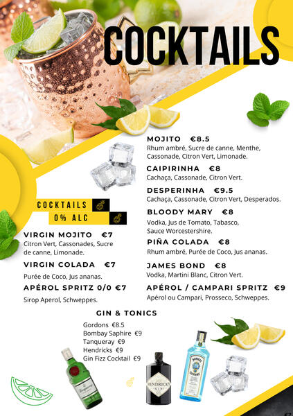 Cocktails cocktail menu: fun bright colours