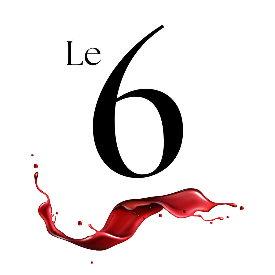 Le 6 logo: black text with red wine splash